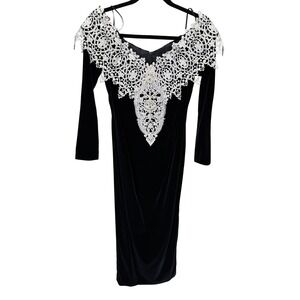Jessica McClintock Velvet Gown SZ 10 Black Lace Pearl Vintage 90s Evening Dress